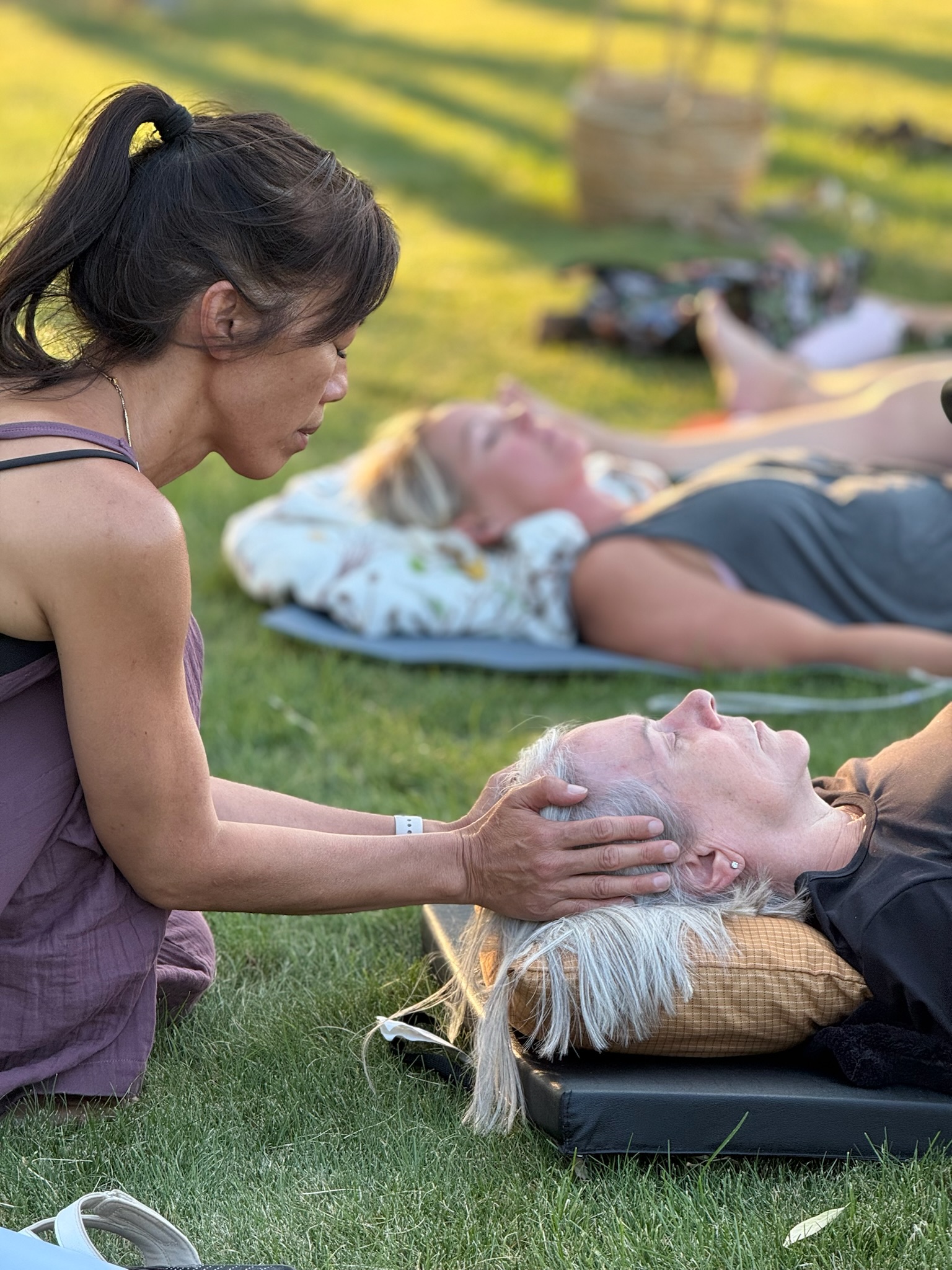 Reiki practitioner working on a guest lying in the pasture